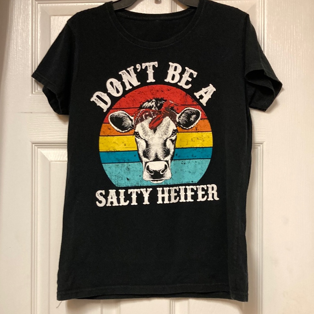 Black Graphic Tee with Cow Print